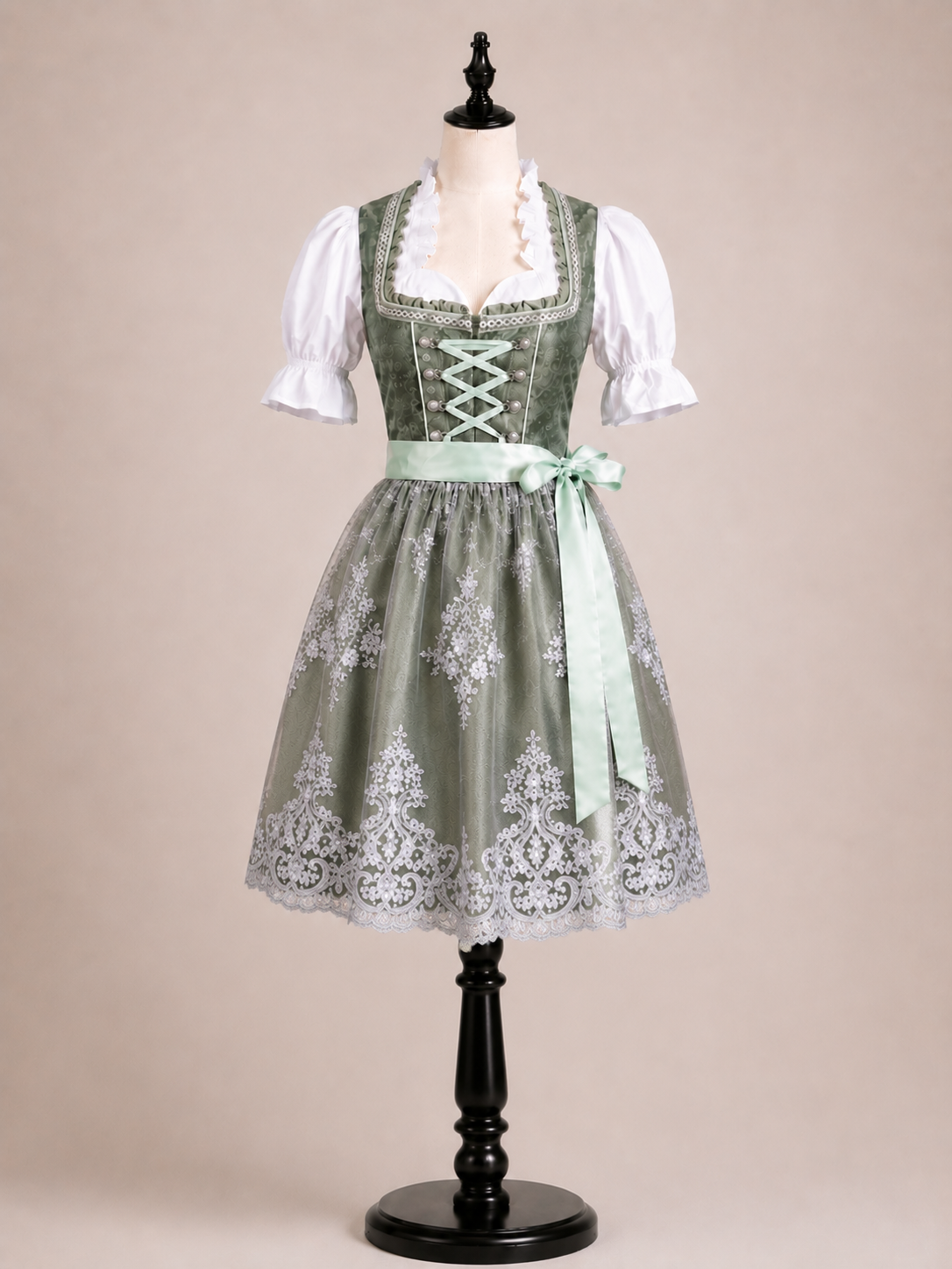 Dirndl Damen Midi Trachtenkleid Grün mit Dirndlbluse Dirndlschürze Oktoberfest