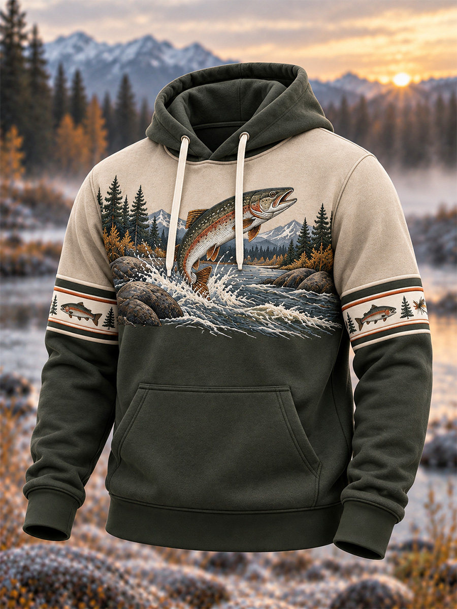 Herren Kapuzenpullover mit Forellen-Motiv, Vintage Angel-Hoodie mit Bergsee- und Waldlandschaft, zweifarbiger Pullover mit Fisch-Print, Langarm Sweatshirt für Angler und Naturliebhaber