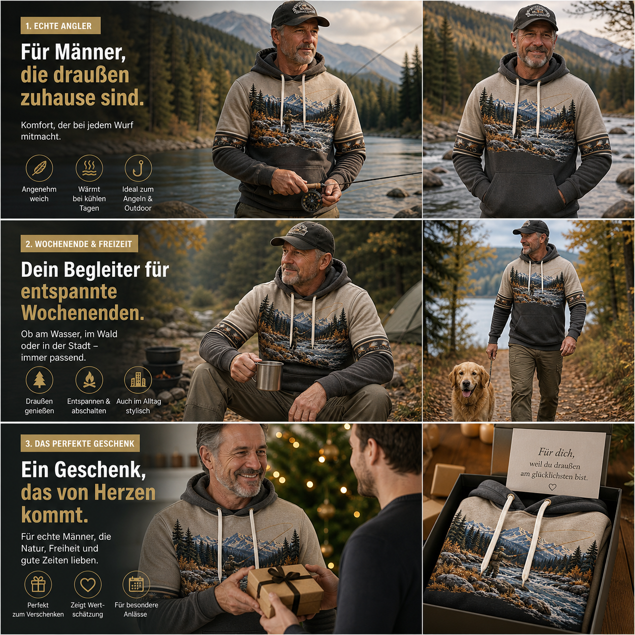 Herren-Vintage-Hoodie im Wildnis-Fisch-Design, übergroß, mit abfallenden Schultern und Taschen