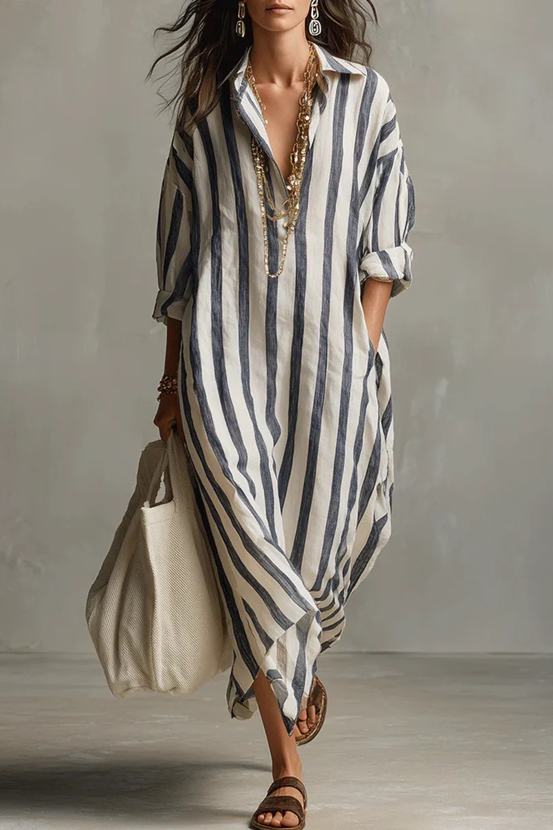 Casual Striped Shirt Bohemian Style Maxi Dress