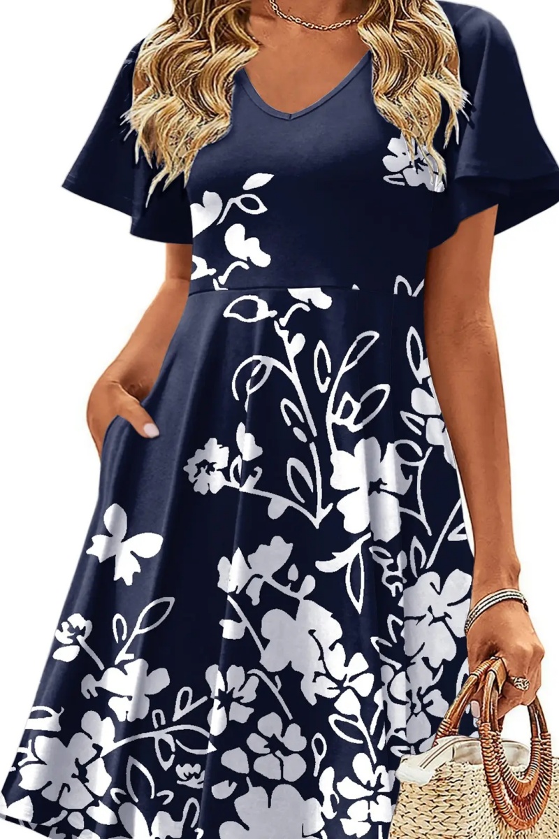 Womens Summer Dress Casual Swing Floral Ruffle Short Sleeve Sundresses Beach Mini A-Line Shift Dress