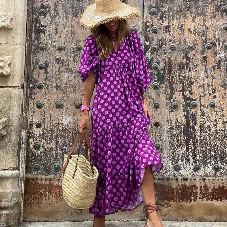 Puffy Sleeve Floral Pattern Elegant Boho Dress