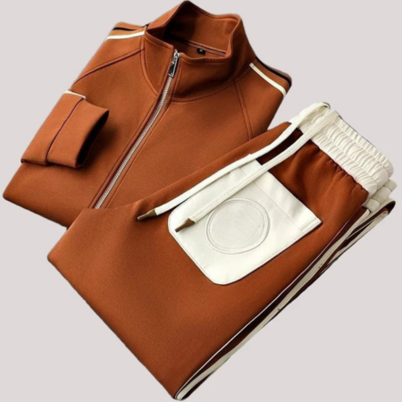 Retro Brown Athletic Set - Full-Zip Jacket & Joggers with Elastic Waistband