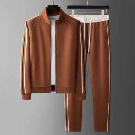 Retro Brown Athletic Set - Full-Zip Jacket & Joggers with Elastic Waistband