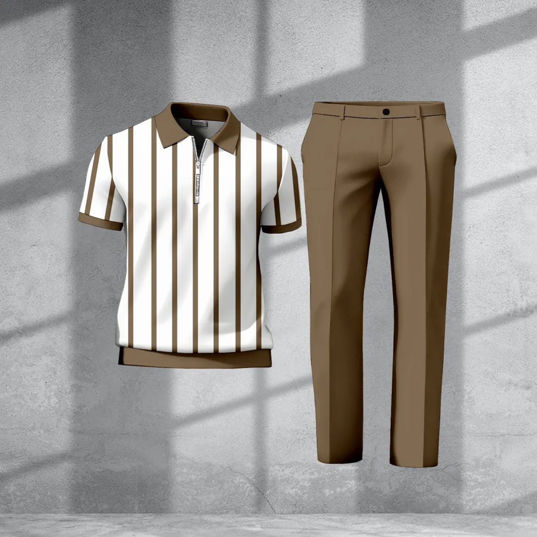 Men's Casual Retro Print Polo Collar Zipper Short-Sleeve Pants Two-Piece Set