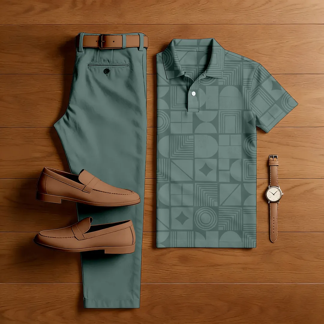 Men's Casual Color Matching Printed Polo-Collar Short Sleeved Trousers Two-Piece Set