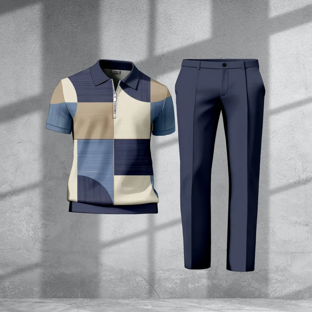 Men's Casual Retro Print Polo Collar Zipper Short-Sleeve Pants Two-Piece Set