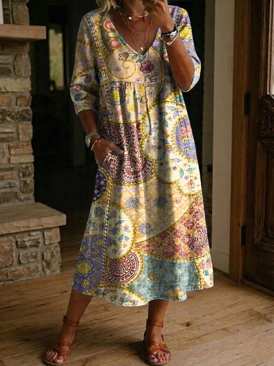 Women's Retro Flower Pattern Print Cotton-linen Dress