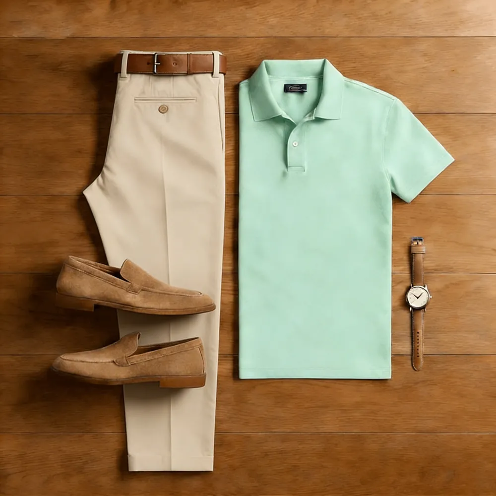 Men's Casual Color Matching Printed Polo-Collar Short Sleeved Trousers Two-Piece Set