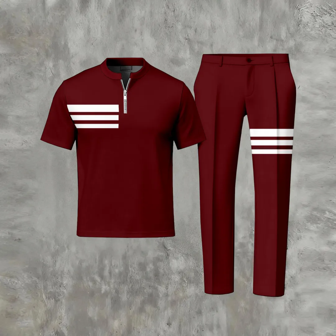 Men's Casual Retro Print Polo Collar Zipper Short-Sleeve Pants Two-Piece Set