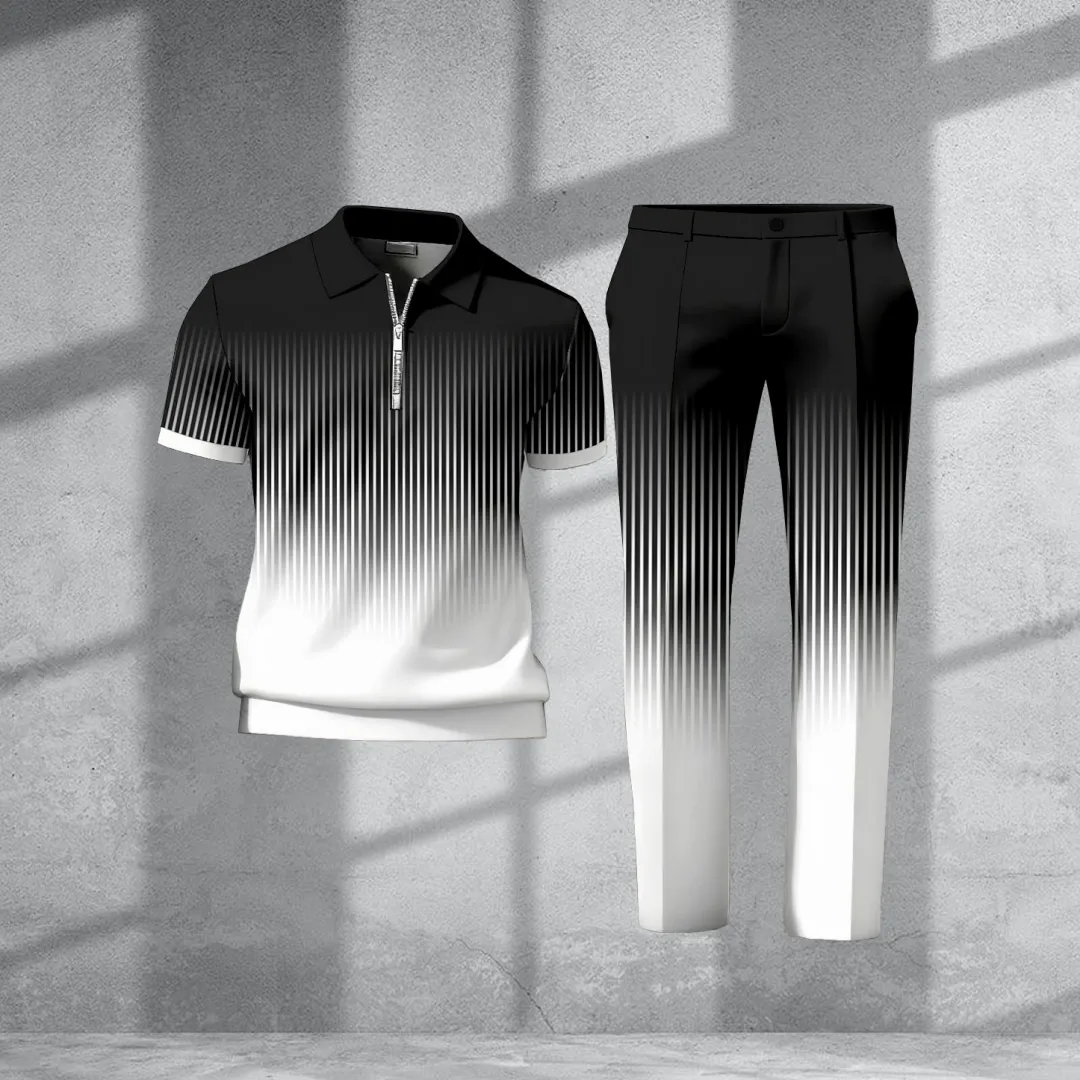 Men's Casual Retro Print Polo Collar Zipper Short-Sleeve Pants Two-Piece Set