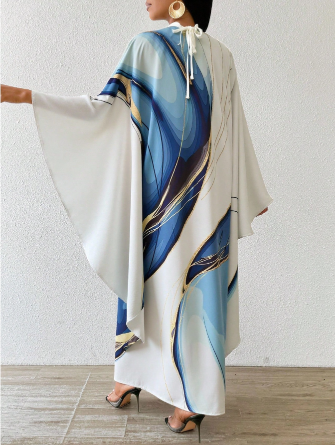 Abstract Marble Print Kaftan Maxi Dress | Flowy Batwing Sleeve Loose Fit