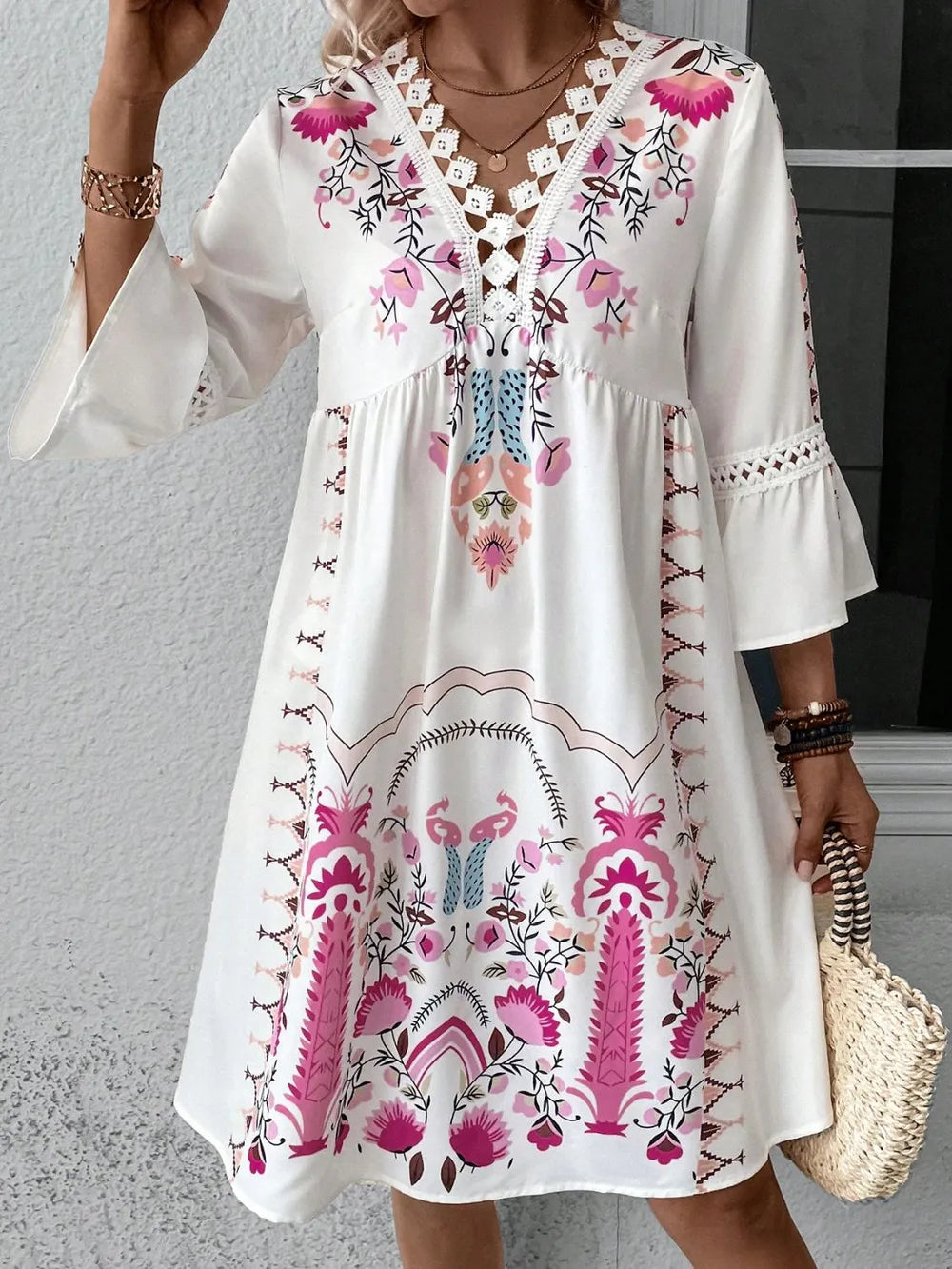 Hazel Blues® |  Lace Detail Printed Three-Quarter Sleeve Dress