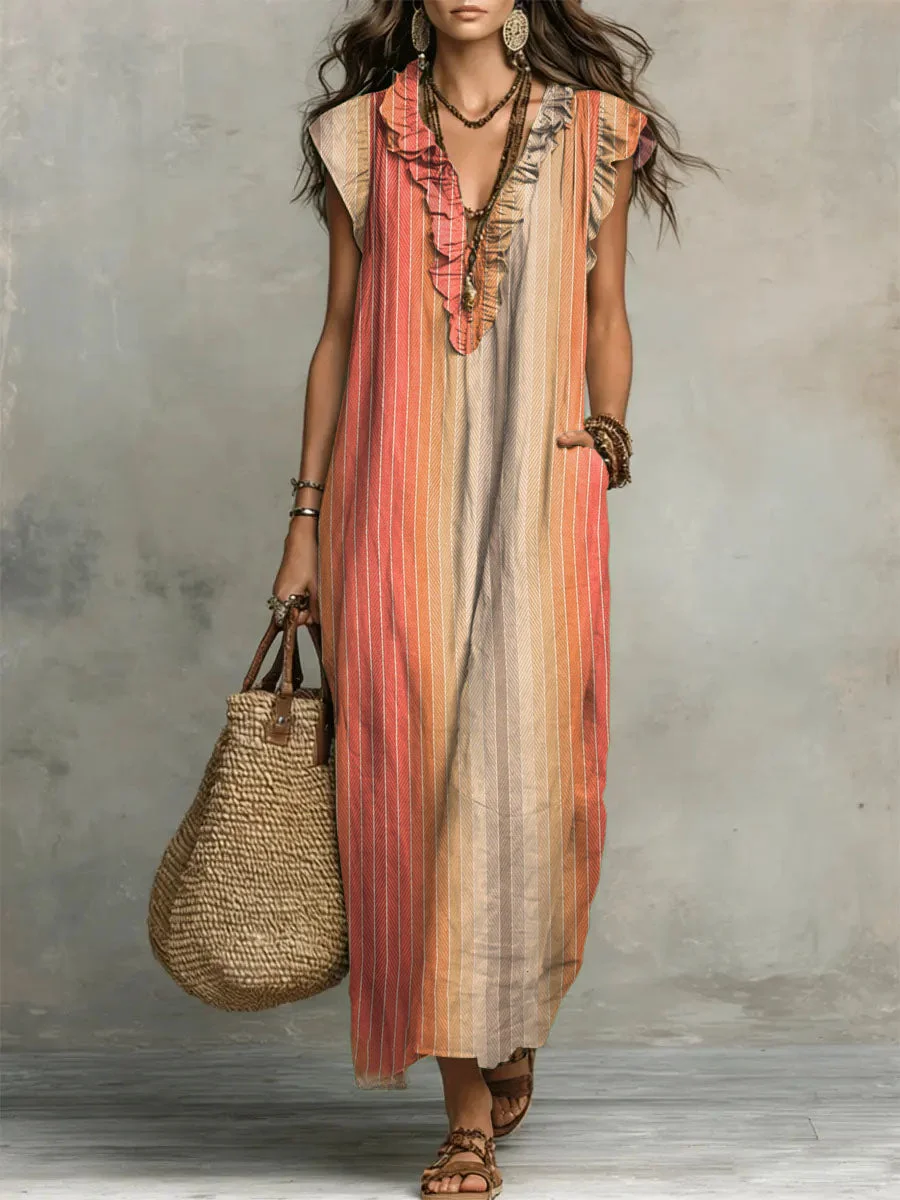 Women's Striped Art Print Casual Ruffled Stylish Cotton Linen Dress