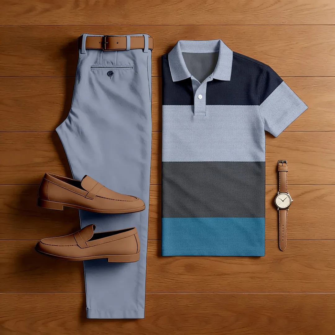 Men's Casual Color Matching Printed Polo-Collar Short Sleeved Trousers Two-Piece Set