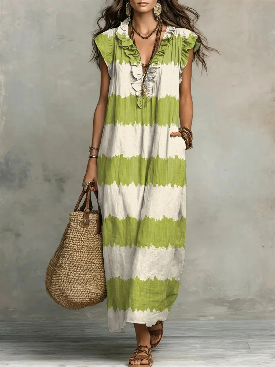 Women's Striped Art Print Casual Ruffled Stylish Cotton Linen Dress