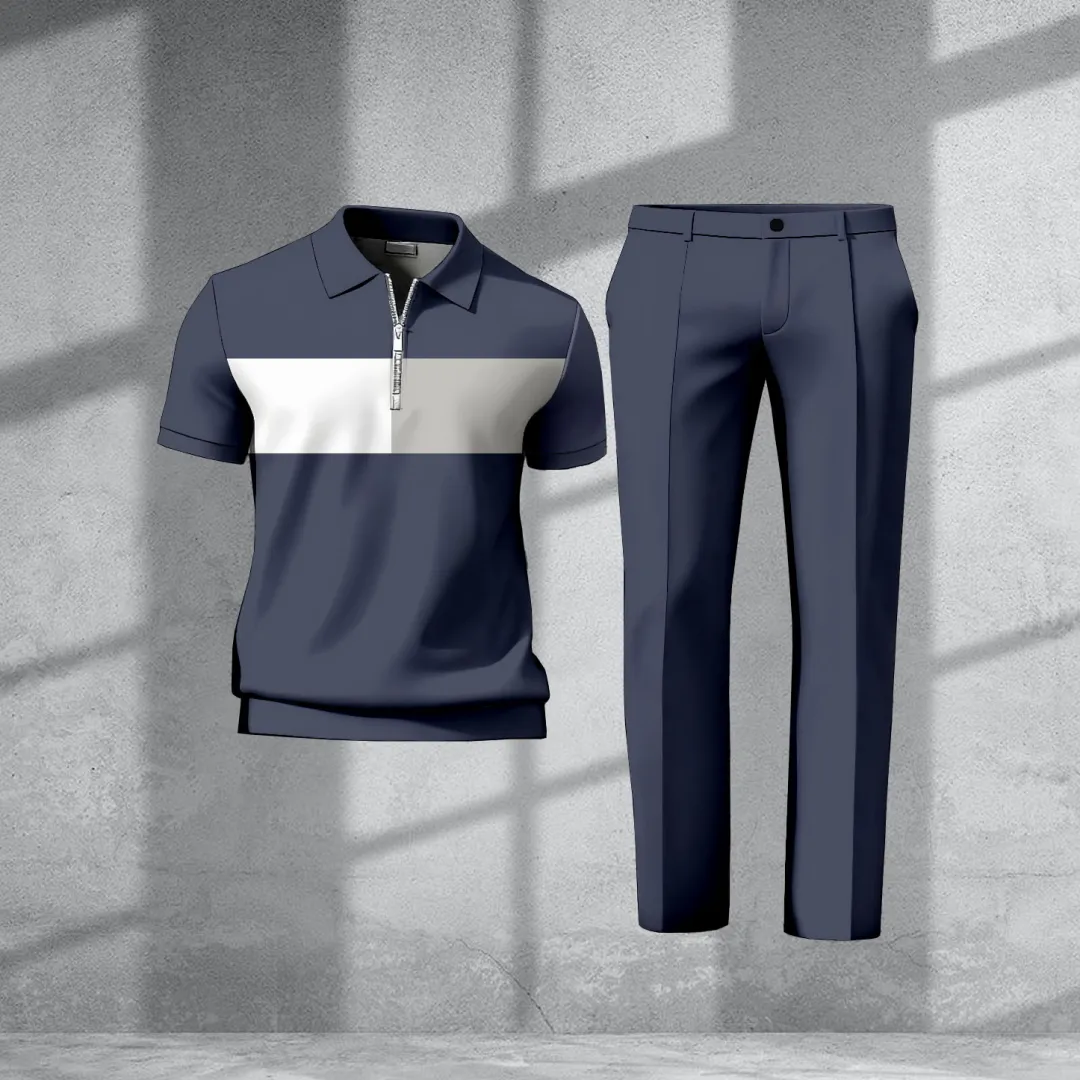 Men's Casual Retro Print Polo Collar Zipper Short-Sleeve Pants Two-Piece Set