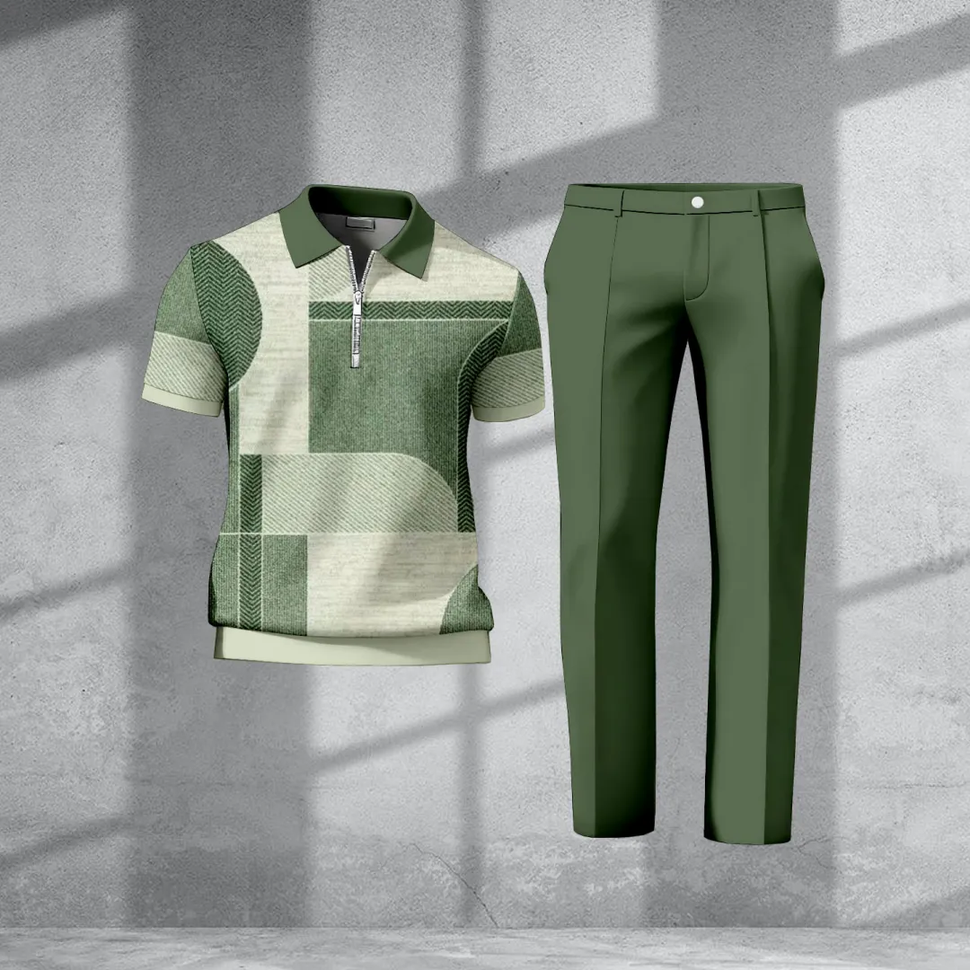 Men's Casual Retro Print Polo Collar Zipper Short-Sleeve Pants Two-Piece Set