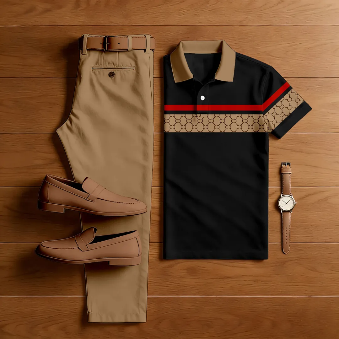 Men's Casual Color Matching Printed Polo-Collar Short Sleeved Trousers Two-Piece Set