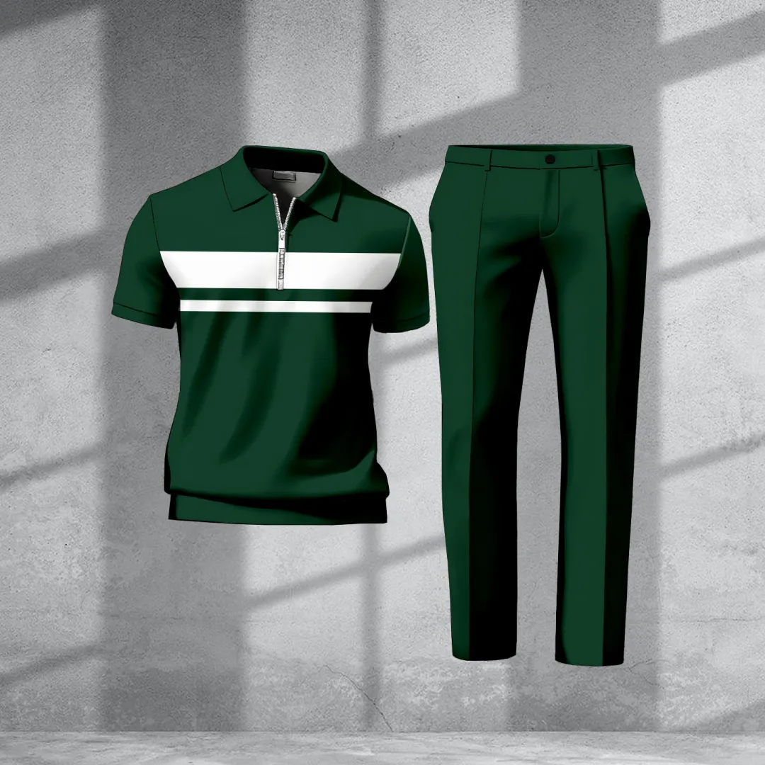 Men's Casual Retro Print Polo Collar Zipper Short-Sleeve Pants Two-Piece Set