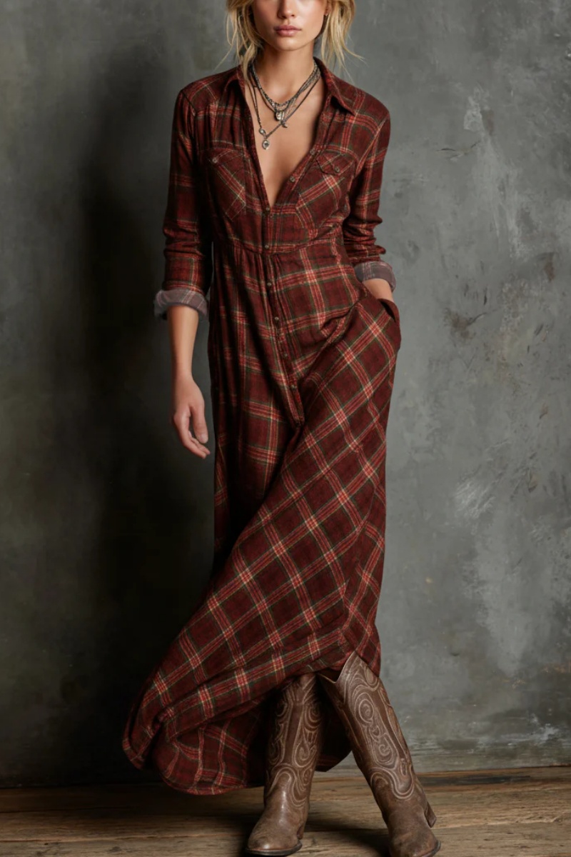 Women's Plaid Lapel Single-Breasted Shirt Maxi Dress