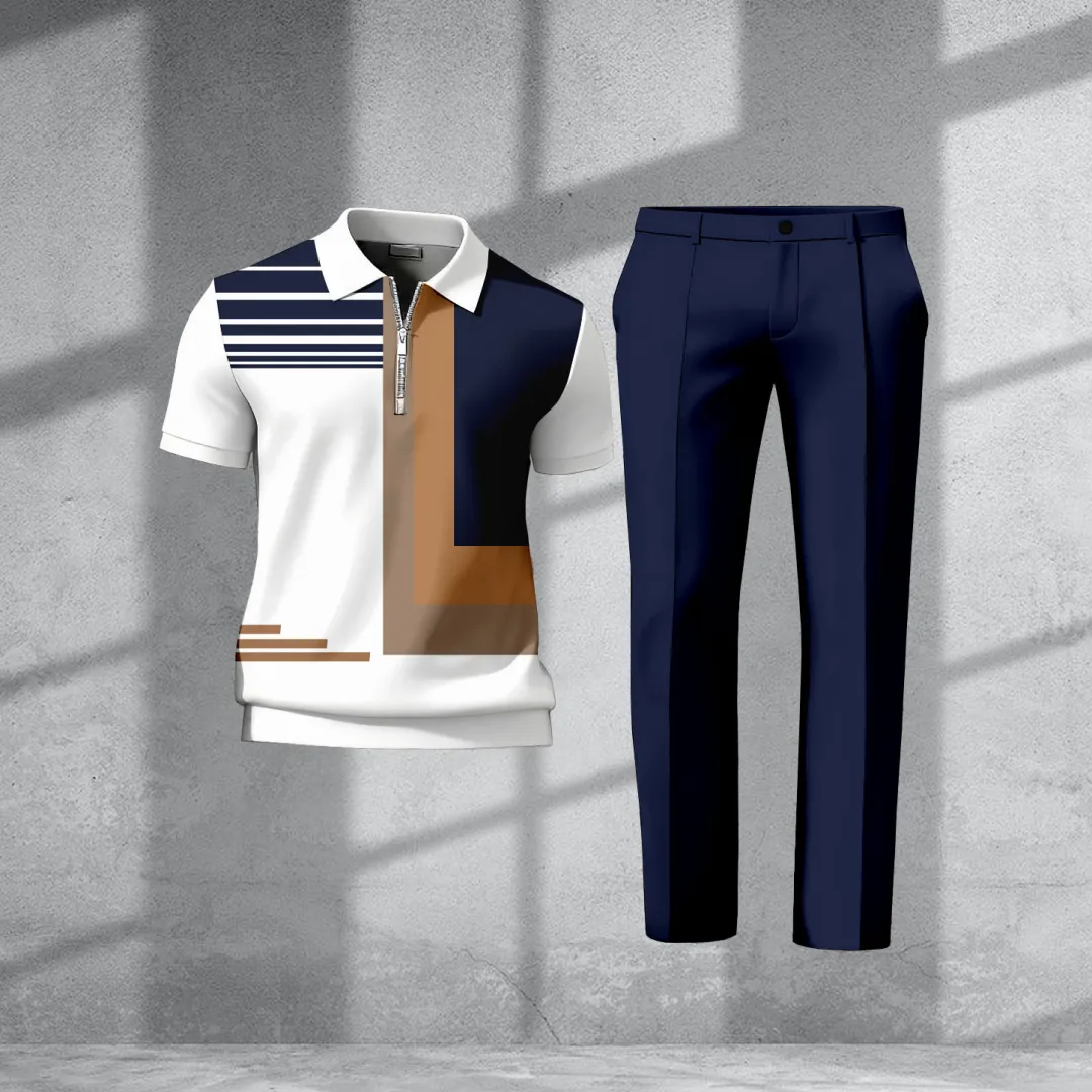 Men's Casual Retro Print Polo Collar Zipper Short-Sleeve Pants Two-Piece Set