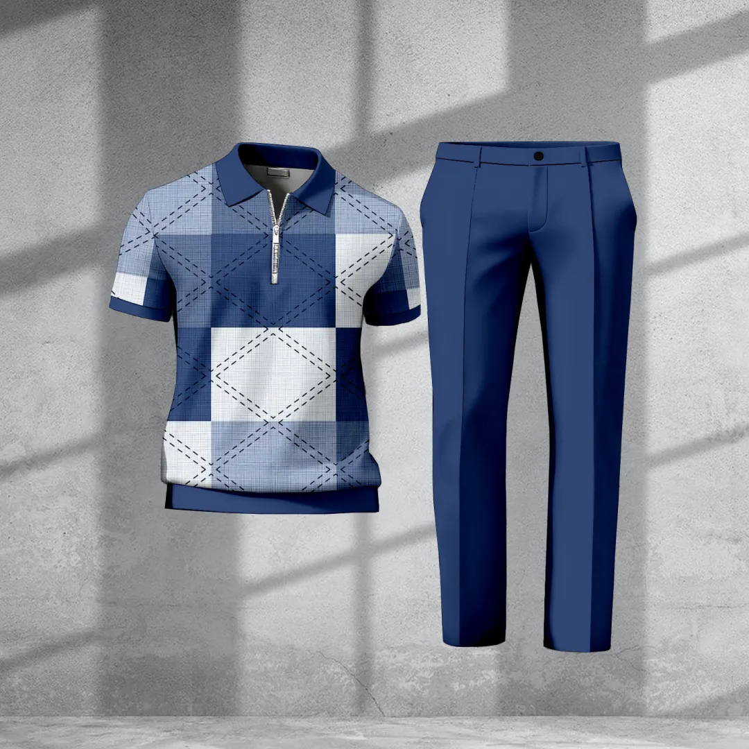Men's Casual Retro Print Polo Collar Zipper Short-Sleeve Pants Two-Piece Set