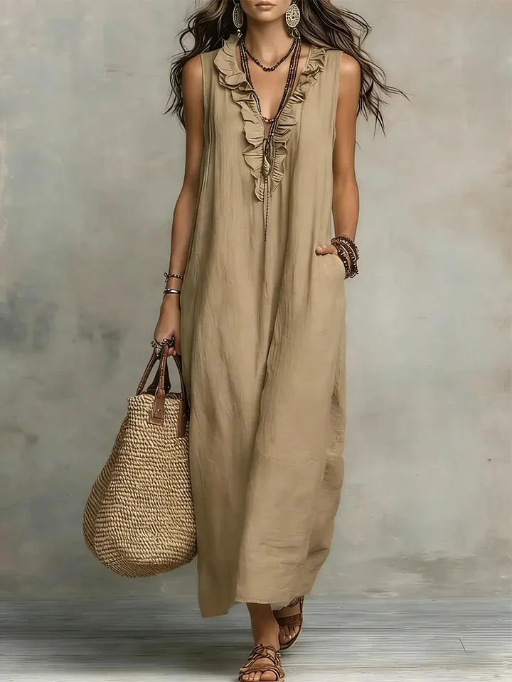 Women's Striped Art Print Casual Ruffled Stylish Cotton Linen Dress