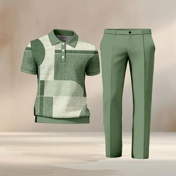 Men's Casual Retro Print Polo Collar Zipper Short-Sleeve Pants Two-Piece Set
