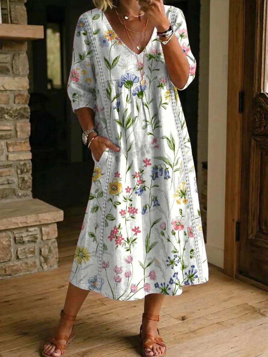 Women's Retro Flower Pattern Print Cotton-linen Dress