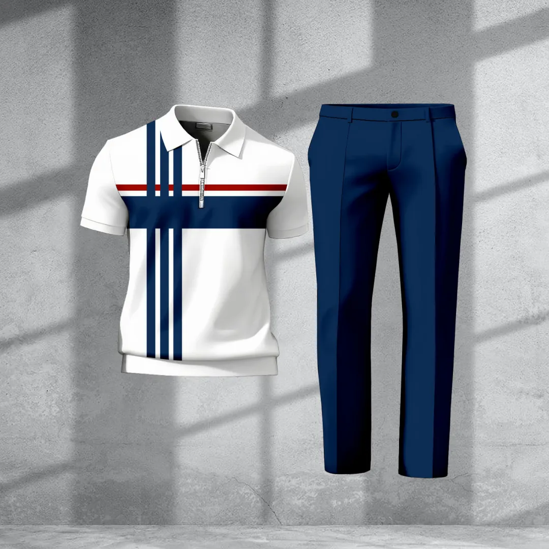 Men's Casual Retro Print Polo Collar Zipper Short-Sleeve Pants Two-Piece Set