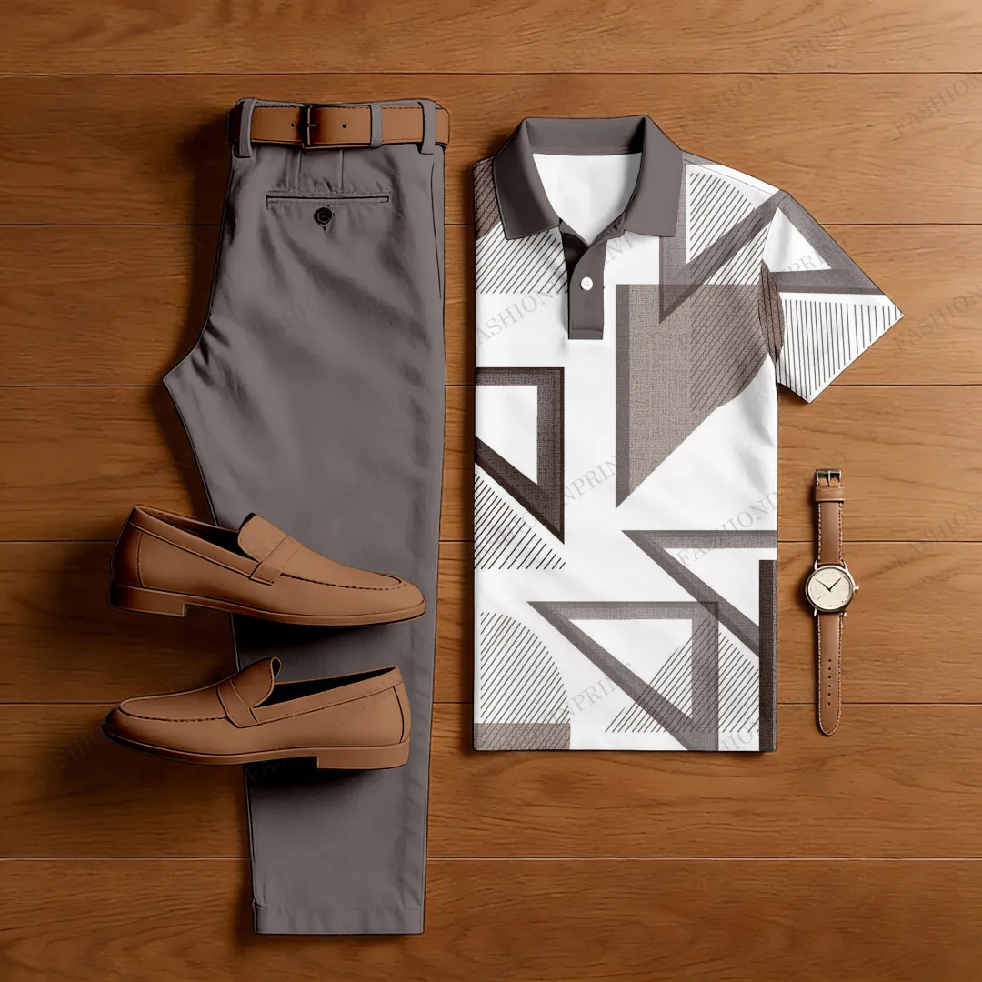 Men's Casual Color Matching Printed Polo-Collar Short Sleeved Trousers Two-Piece Set