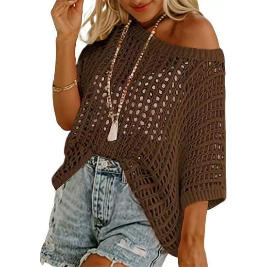 Short Sleeve Crochet Sweater Lightweight Summer Tops Loose Hollow Out Crewneck Pullover