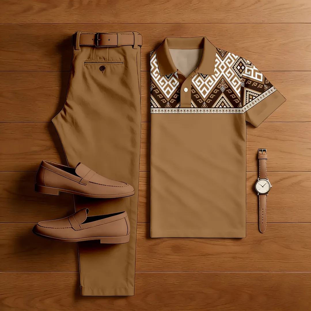 Men's Casual Color Matching Printed Polo-Collar Short Sleeved Trousers Two-Piece Set