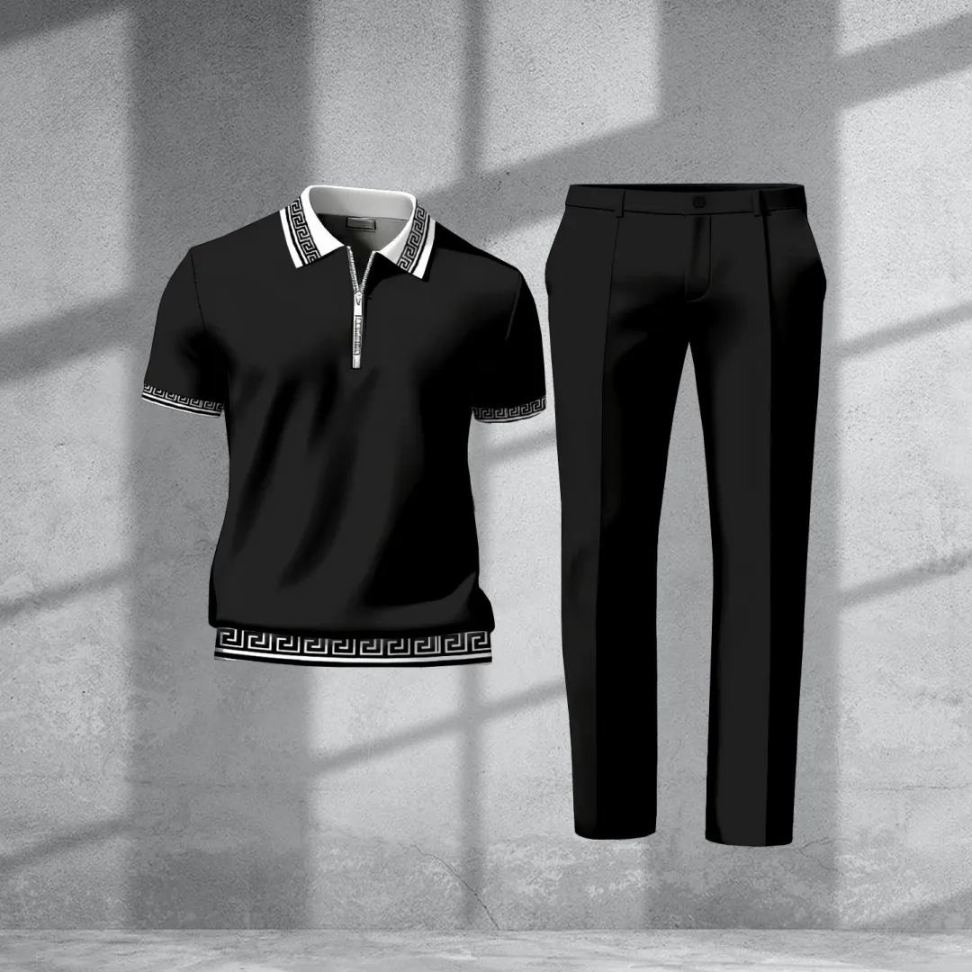 Men's Casual Retro Print Polo Collar Zipper Short-Sleeve Pants Two-Piece Set