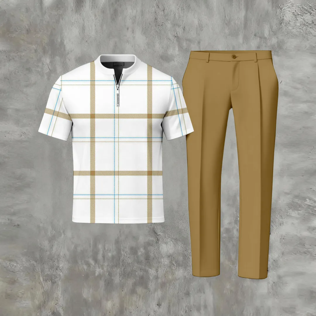 Men's Casual Retro Print Polo Collar Zipper Short-Sleeve Pants Two-Piece Set