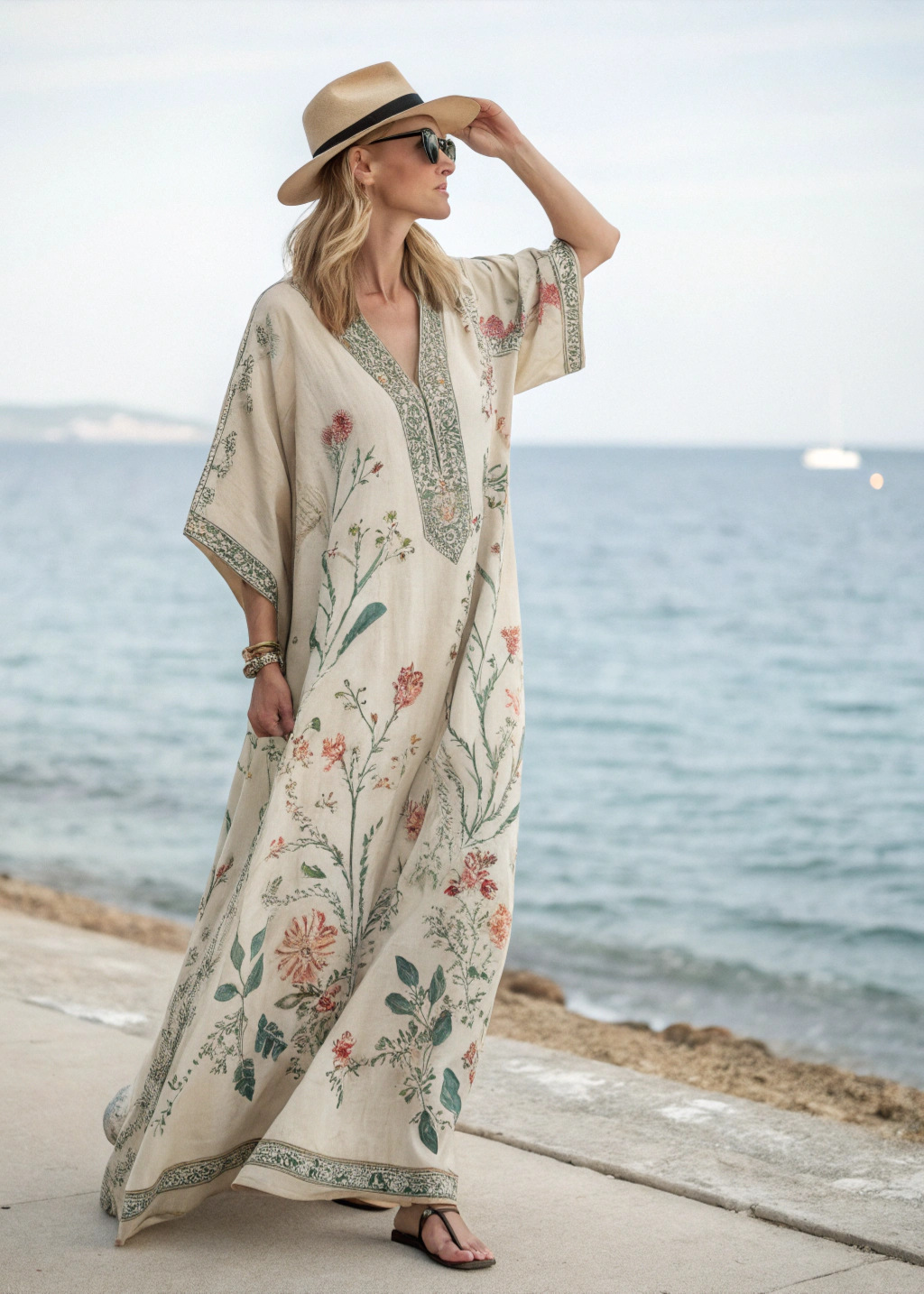 Digital-print V-neck, three-quarter-sleeve, long-patch-pocket kaftan dress