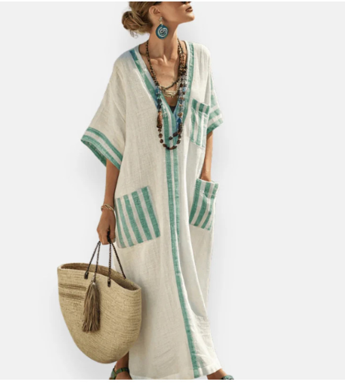 Digital-print V-neck, three-quarter-sleeve, long-patch-pocket kaftan dress