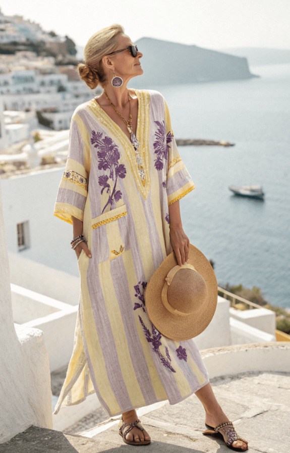 Digital-print V-neck, three-quarter-sleeve, long-patch-pocket kaftan dress