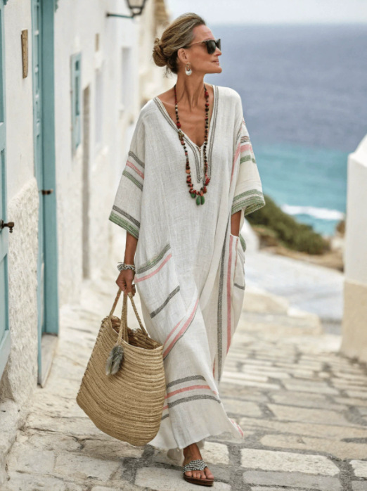 Digital-print V-neck, three-quarter-sleeve, long-patch-pocket kaftan dress