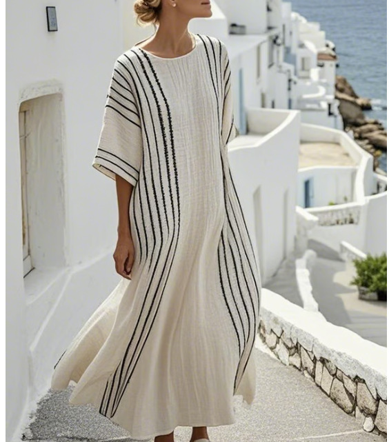 Digital-print V-neck, three-quarter-sleeve, long-patch-pocket kaftan dress