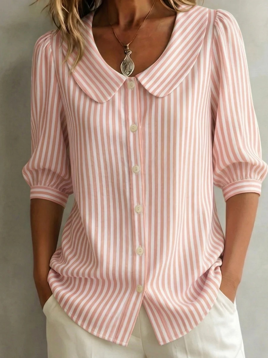 Retro Peter Pan Collar Artistic Striped Cotton-linen Blouse