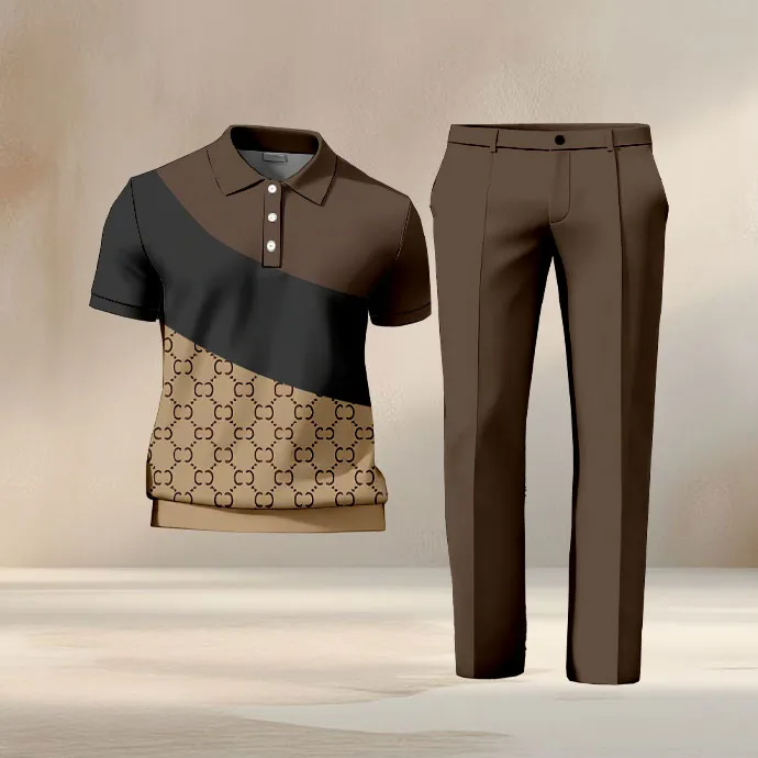 Men's Casual Retro Print Polo Collar Zipper Short-Sleeve Pants Two-Piece Set