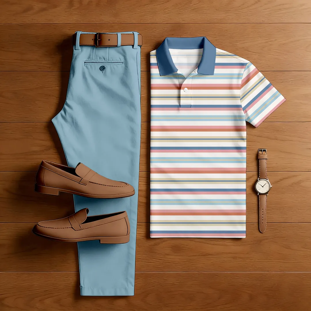 Men's Casual Color Matching Printed Polo-Collar Short Sleeved Trousers Two-Piece Set