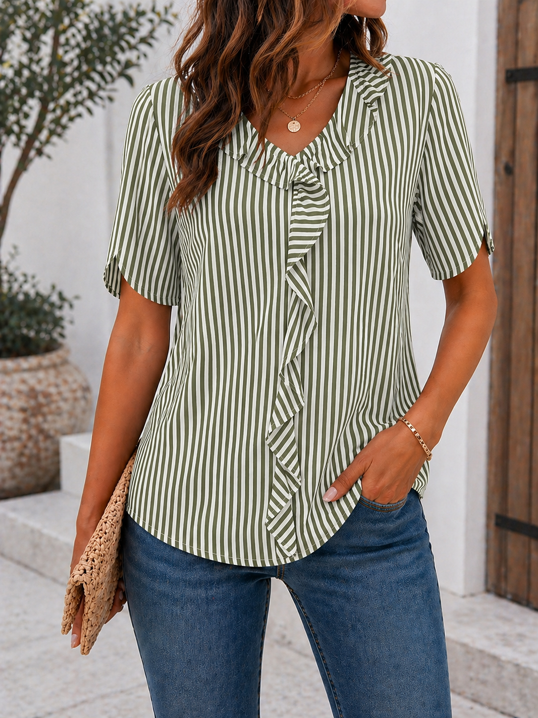 Women’s V-Neck Striped Ruffle Blouse – Casual Chic Summer Top
