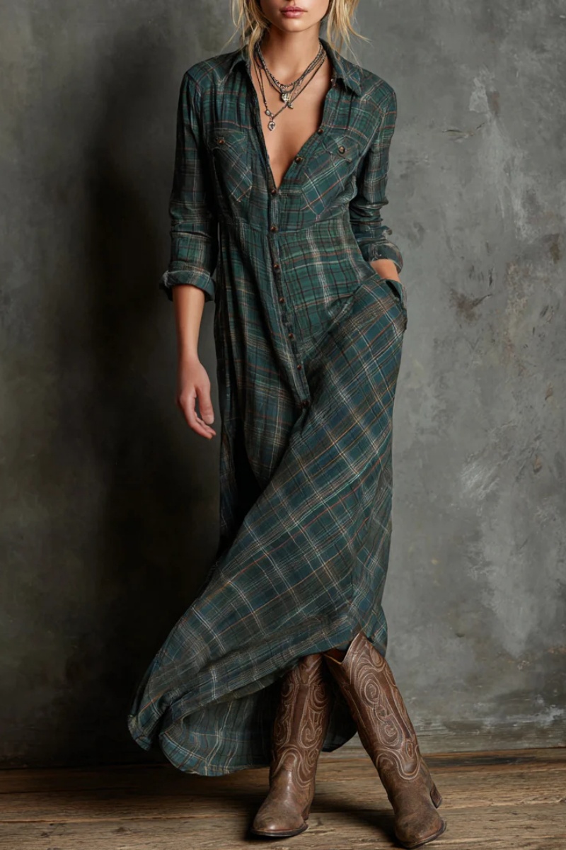 Women's Plaid Lapel Single-Breasted Shirt Maxi Dress