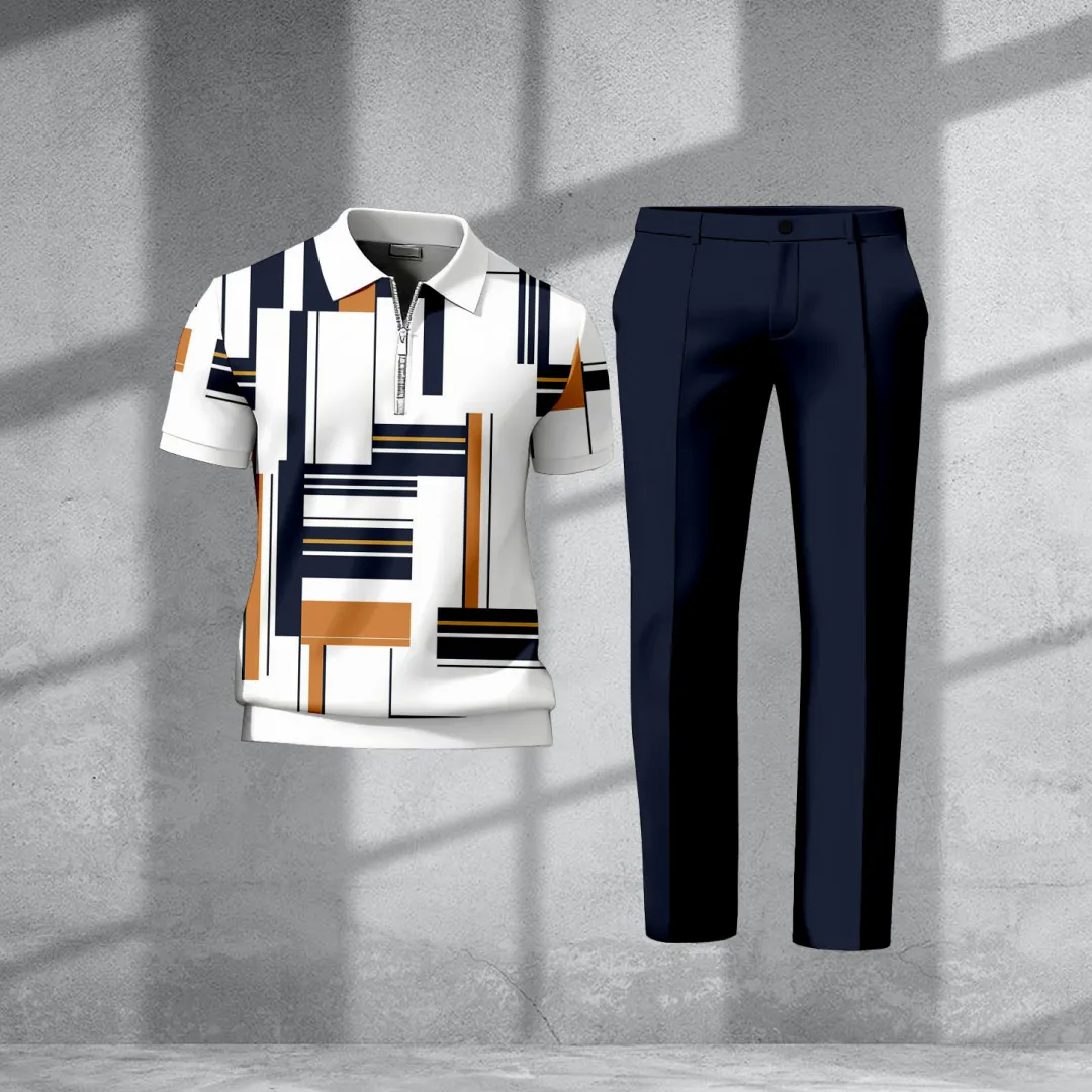 Men's Casual Retro Print Polo Collar Zipper Short-Sleeve Pants Two-Piece Set
