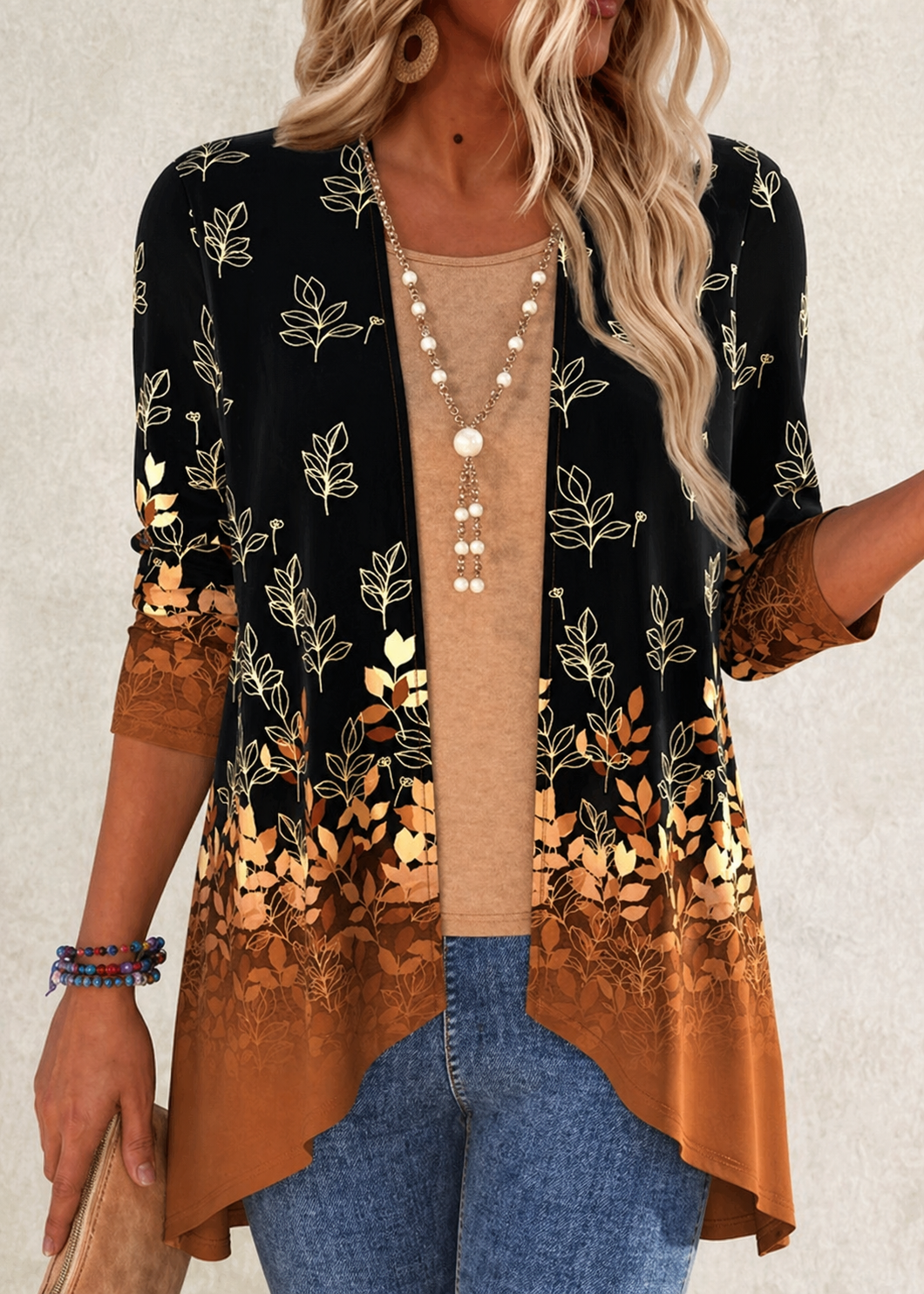 Tops For Women ROTITA PatchworkGeometric Print Long Sleeve Light Cardigan