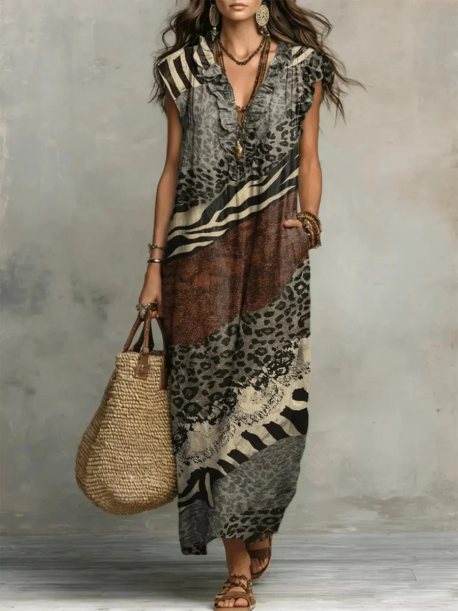 Women's Striped Art Print Casual Ruffled Stylish Cotton Linen Dress