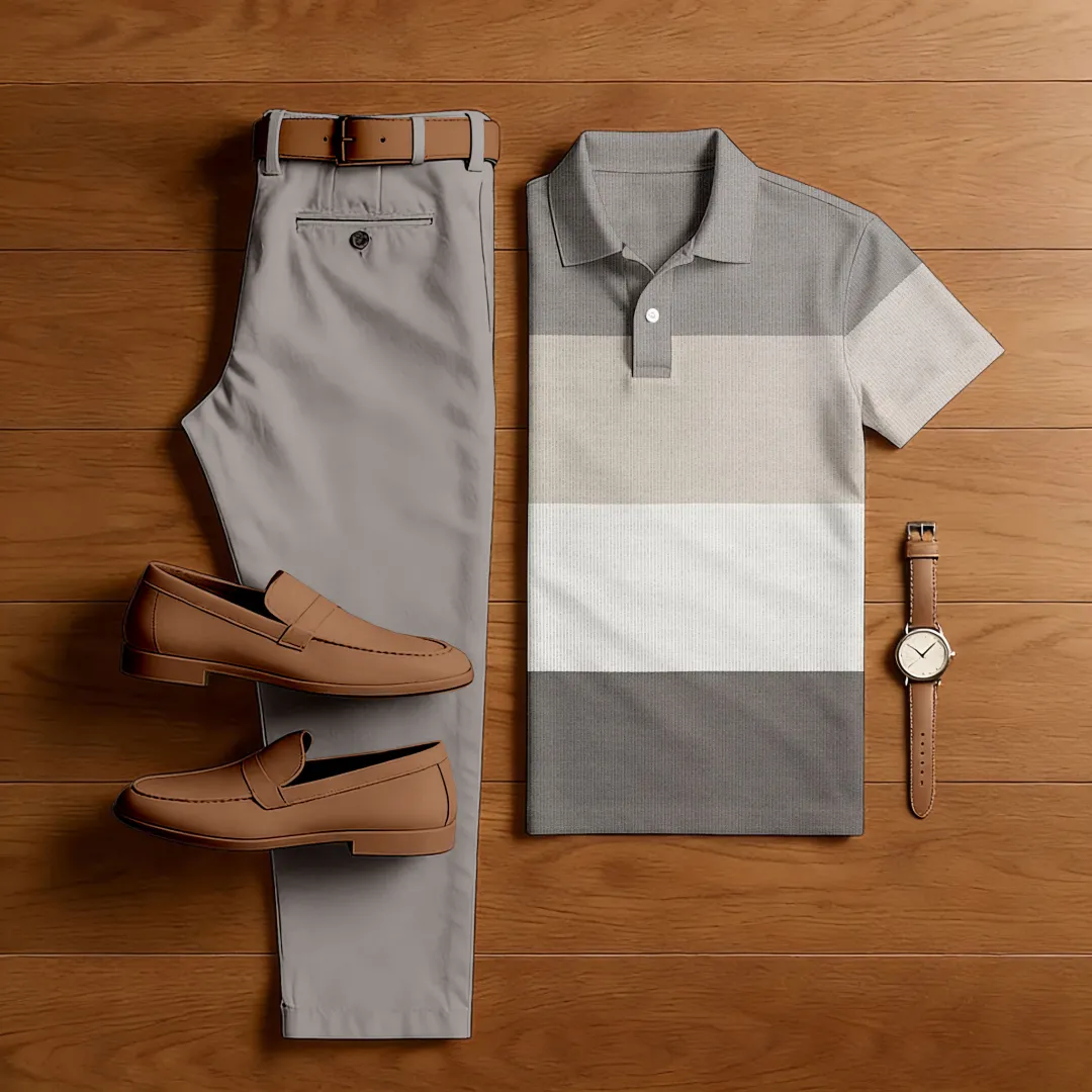 Men's Casual Color Matching Printed Polo-Collar Short Sleeved Trousers Two-Piece Set